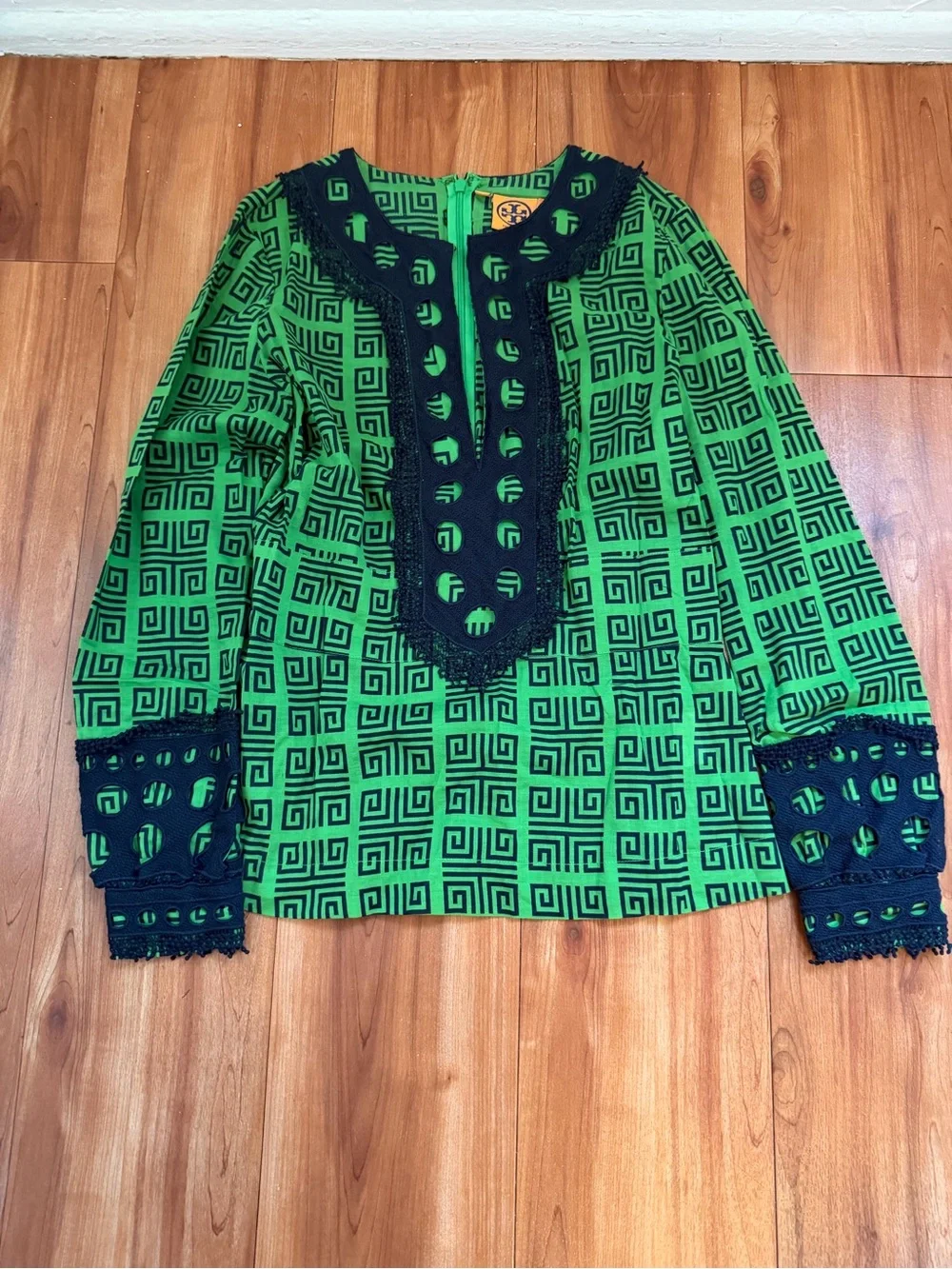 Tory Burch Green and Navy Geometric Tunic